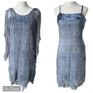 Sundance Boho Embroidered 2-Piece Blue Midi‎ Dress Velvet Trim 2 Ethereal Fairy